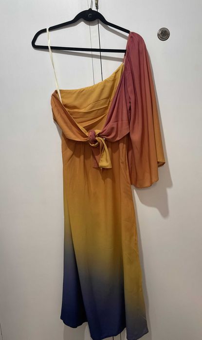 Vestido Midi Farm Rio - Um Ombro Só - Degradê Pôr do Sol