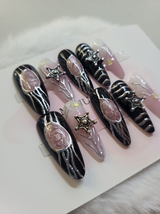 Tipsy press on nails gothic gwiazdki kocie oko czarne różowe srebro S y2k