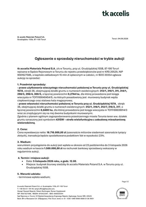 Sprzedaż nieruchomości w trybie aukcji – Toruń ul. Grudziądzka 157A – Termin aukcji 05.11.2026 - Widok 2