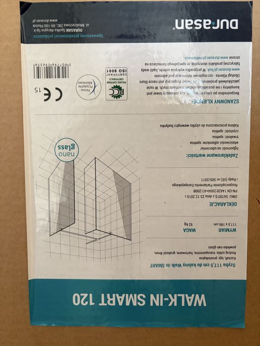 Durasan walk in smart 120/ szyba prysznicowa