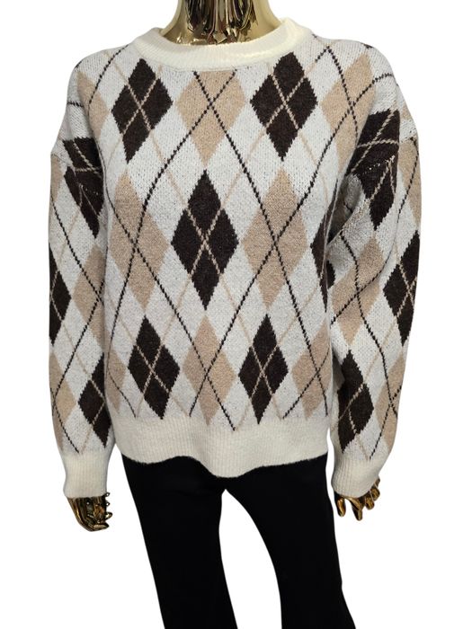 Sweter damski COZY ARGYLE kremowy w romby rozmiar uniwersalny Moocci