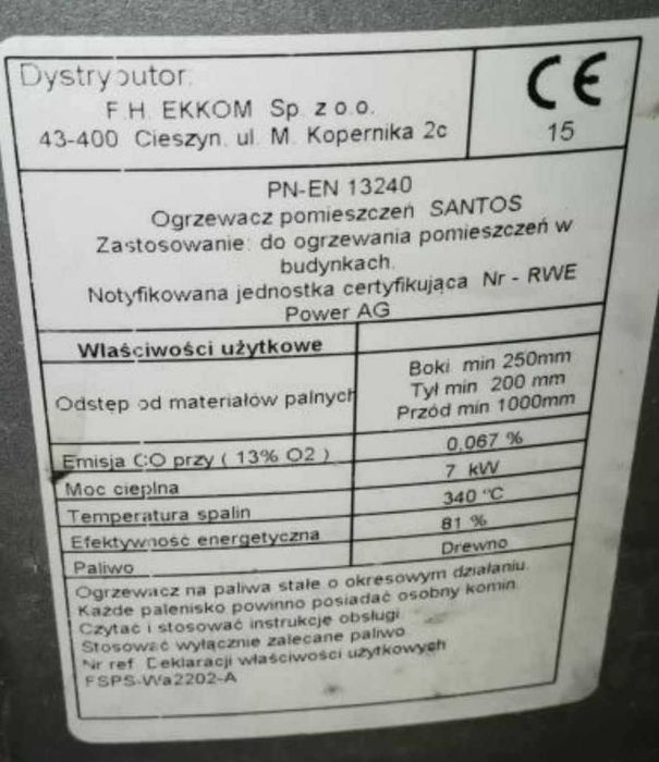 Piec wolnostojący Santos 7kW