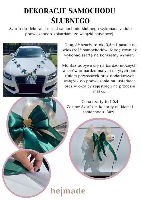 Szarfa na samochod ślubny, dekoracje samochodu ślubnego, kokardy