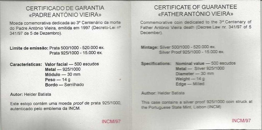 Portugal 500 escudos, 1997 300 Anos do Falecimento do Padre António Vieira