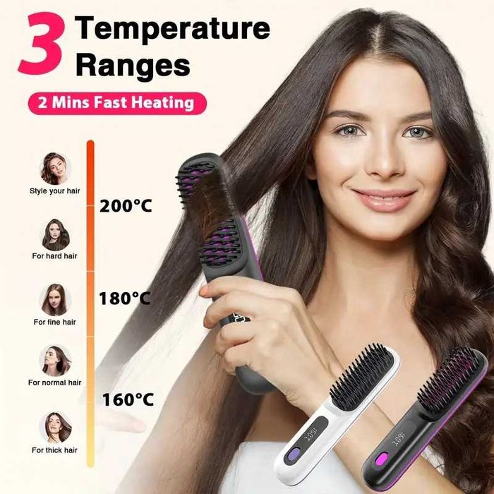 Escova alisadora cabelo. Portátil. USB. 3 níveis temperatura. Novo.