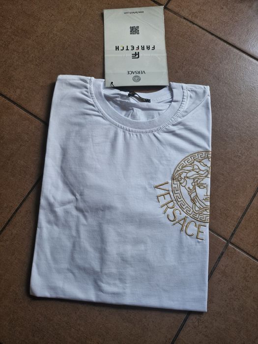 Biala koszulka męska bawełna tshirt versace L prezent zlote szyte logo