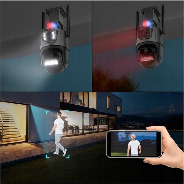 Podwójna kamera obrotowa WiFi Detekcja Audio Zewnętrzna IP UHD 6MPx