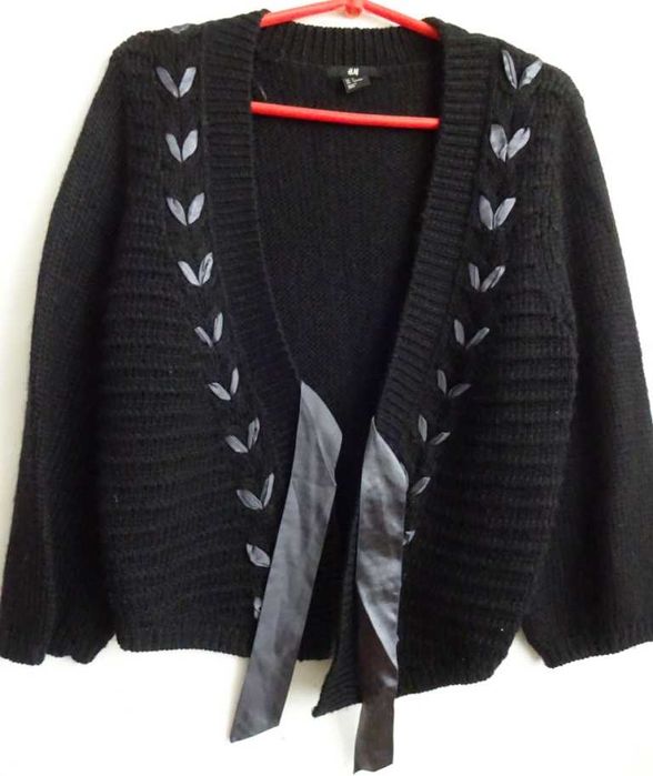 Kardigan Ciepły Czarna Wełna Rękaw 3/4 Dekoracyjny Brzeg Elegancki S-M