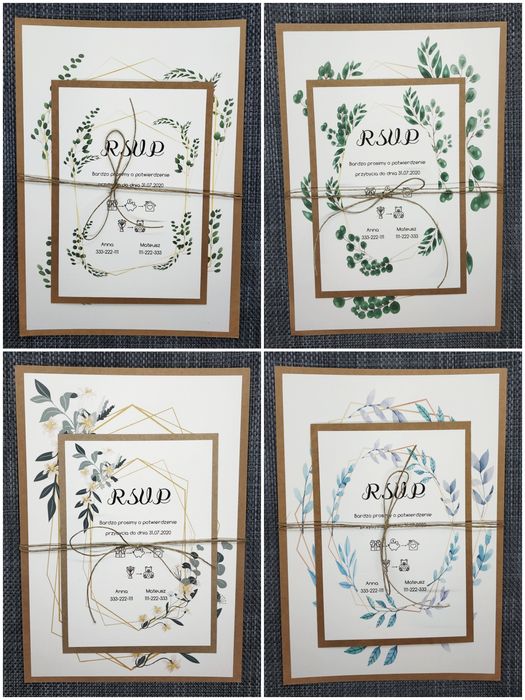 Zaproszenia ślubne dwie karty rustykalne A5 + A6 eko eukaliptus liście