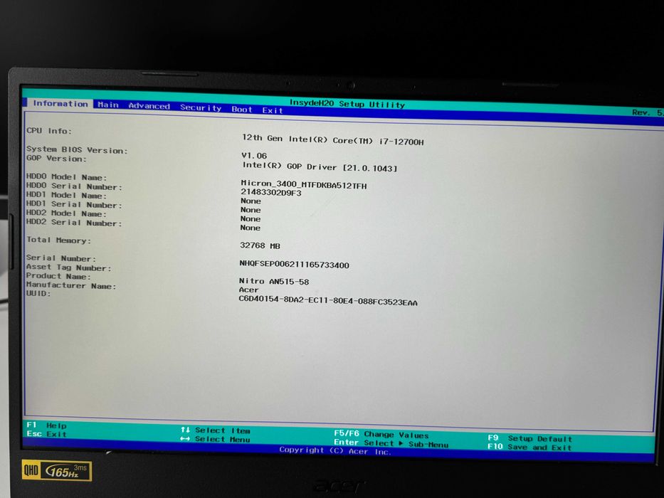 Laptop gamingowy ACER Nitro 5 (515-58) i7-12700H, 32GB RAM, RTX3070Ti