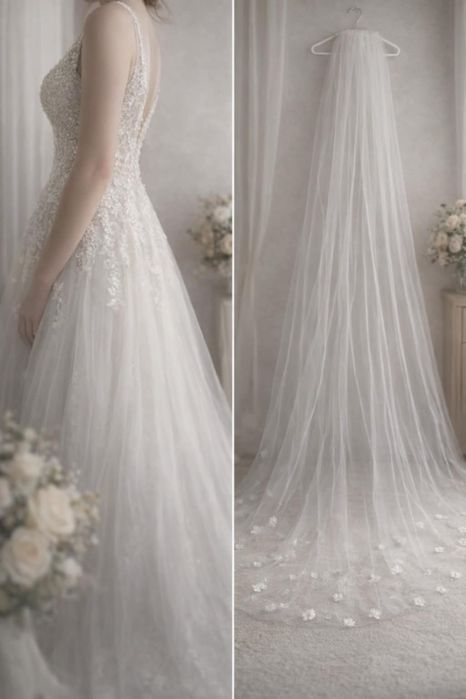 Sukienka ślubna z welonem +2 koszyczki oraz poduszeczka na obrączki