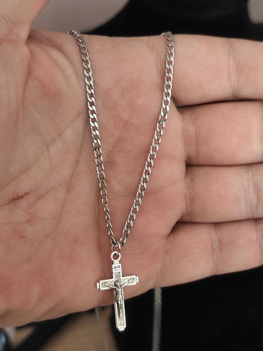 Naszyjnik męski stal szlachetna pancerka 55 cm z krzyżykiem