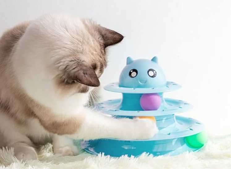 Zabawka interaktywna dla kota wieża z piłeczkami uciekające piłeczki