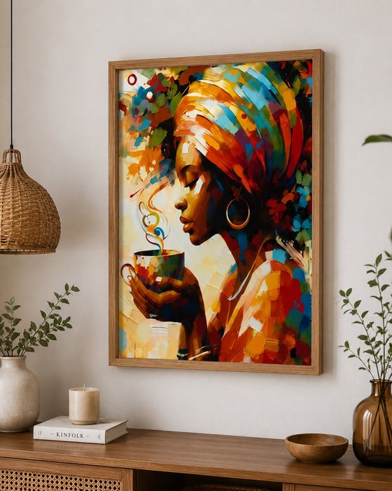 Plakat na Płótnie 50x70 Kobieta z Kawą Nowoczesny Art Premium Bez Ramy