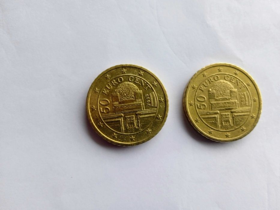 Moeda de 50 cêntimos, Áustria, 2003, erro de gravação/excesso de metal