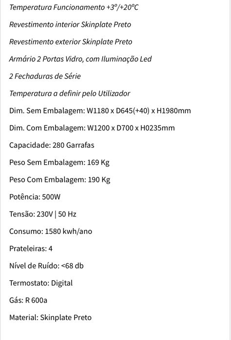 Vitrine Cave de vinhos XXL 260 Garrafas Olitrem Marecos NOVA