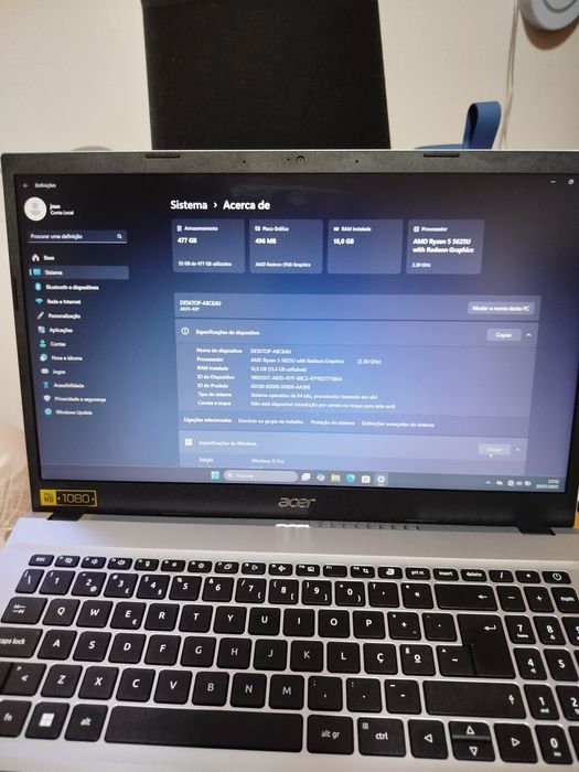 Acer aspire go 15 rzyen 5625u/16 gb ram/512 gb disco