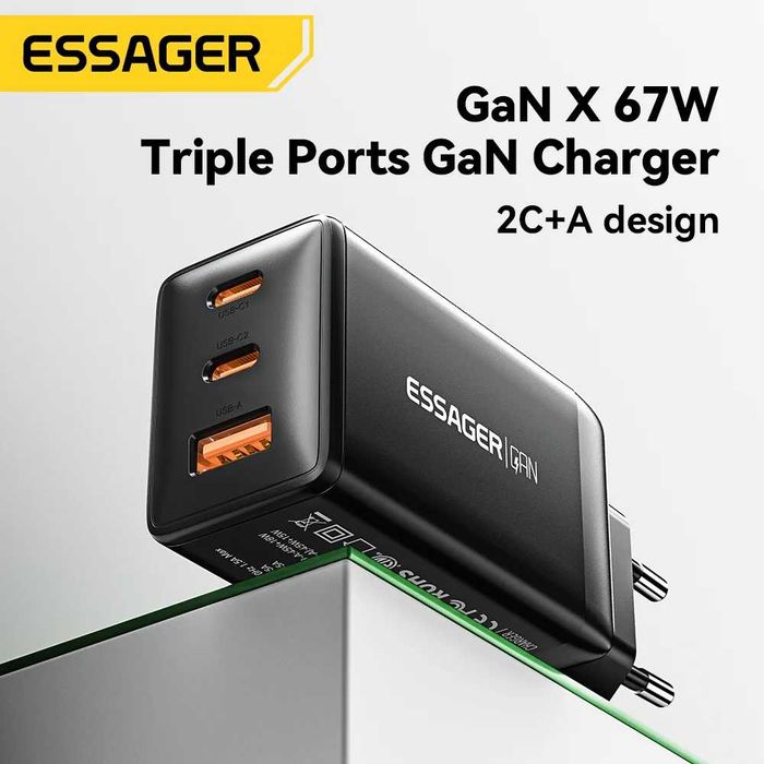 Потужний Зарядний пристрій Essager 67W GaN Charger 2C+U