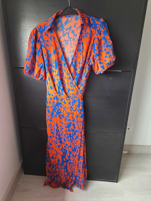 Vestido de  bainha enrolada impressão total manga bufante lado do nó