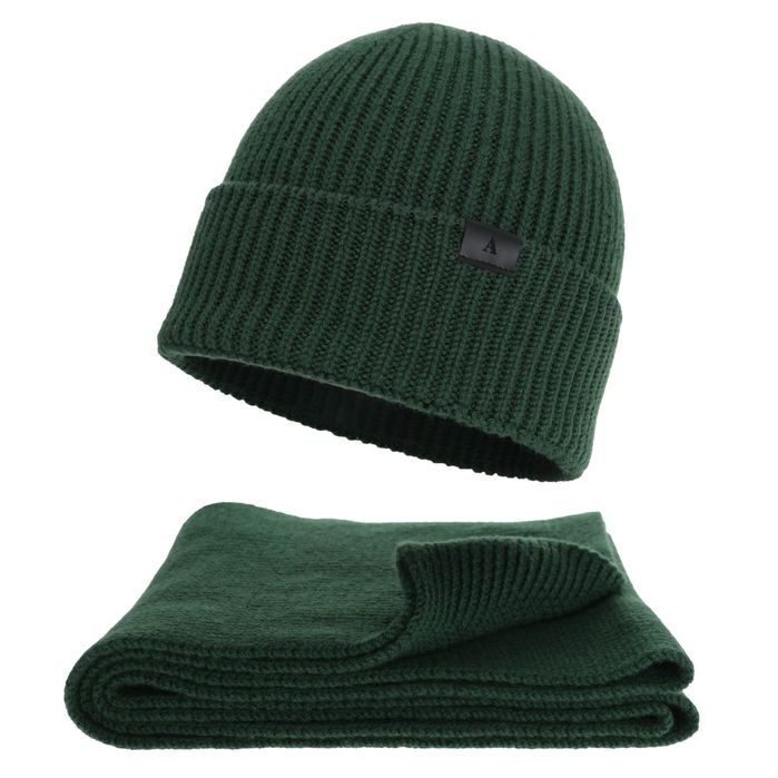 Czapka i szalik męski zimowy komplet, zielony, 100% wełniany merino Brivio
