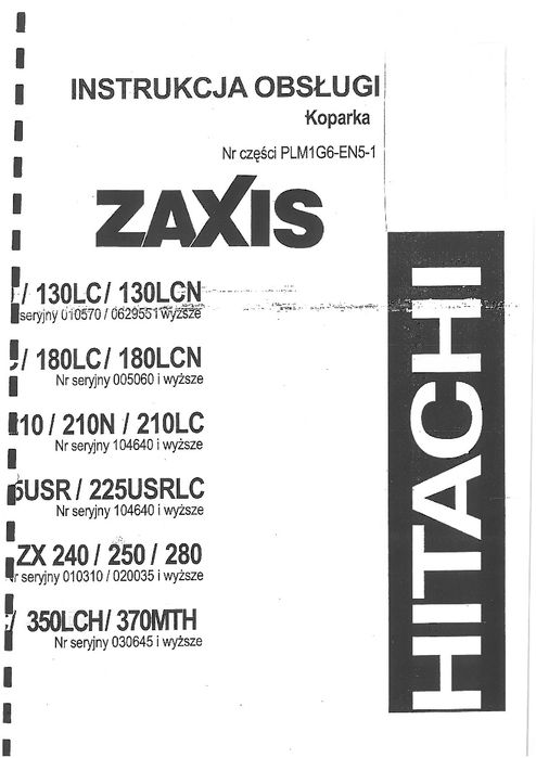 DTR Instrukcja obsługi HITACHI ZAXIS 110 160LC, 210LC, X 240,280, 350L