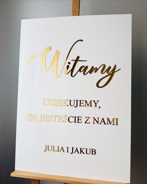 Tablica powitalna pleksi złoty lustrzany napis Witamy dziękujemy wesel