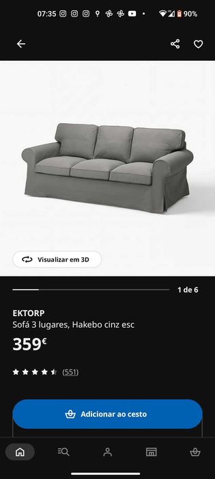 Sofá 3 lugares cinzento EKTORP IKEA