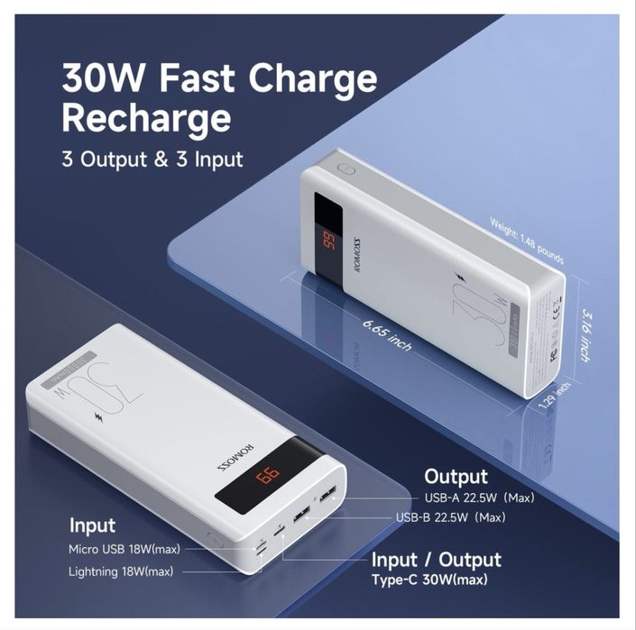 Power Bank ROMOSS 30000 mAh 30W PD павер + чохол і USB лампа подарунок
