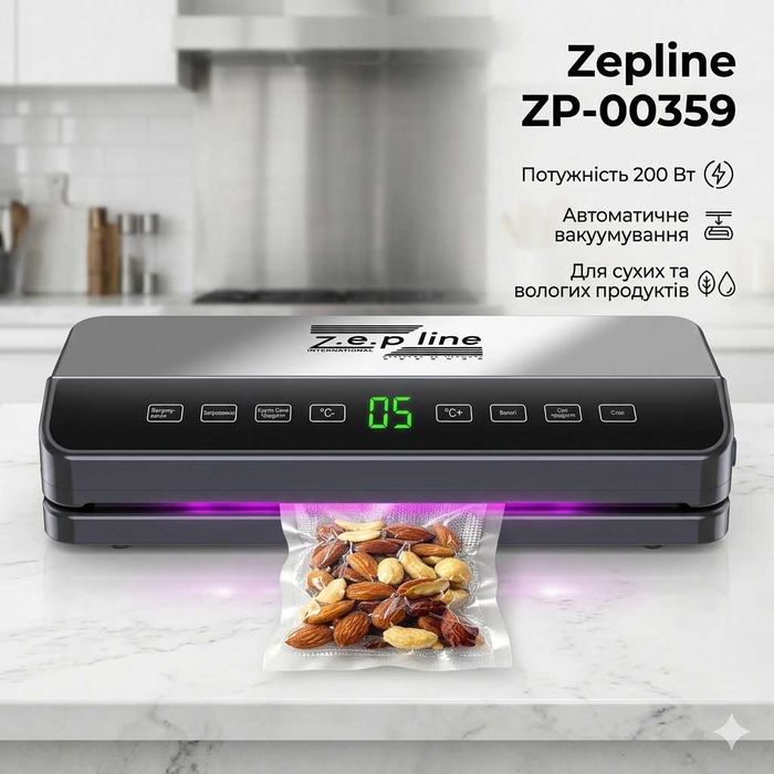 Вакуумний упаковувач для харчових продуктів 200Вт Zepline ZP-00359 з LED дисплеєм + 20 пакетів