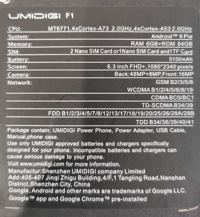 Telemóvel Smartphone UMIDIGI F1 128gb