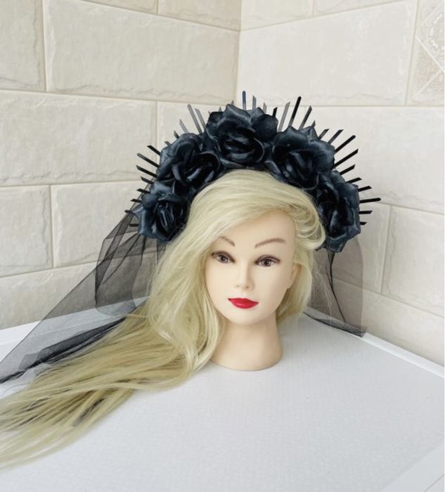 Вінок обруч голову чорний фатою венок черный відьми квітами helloween