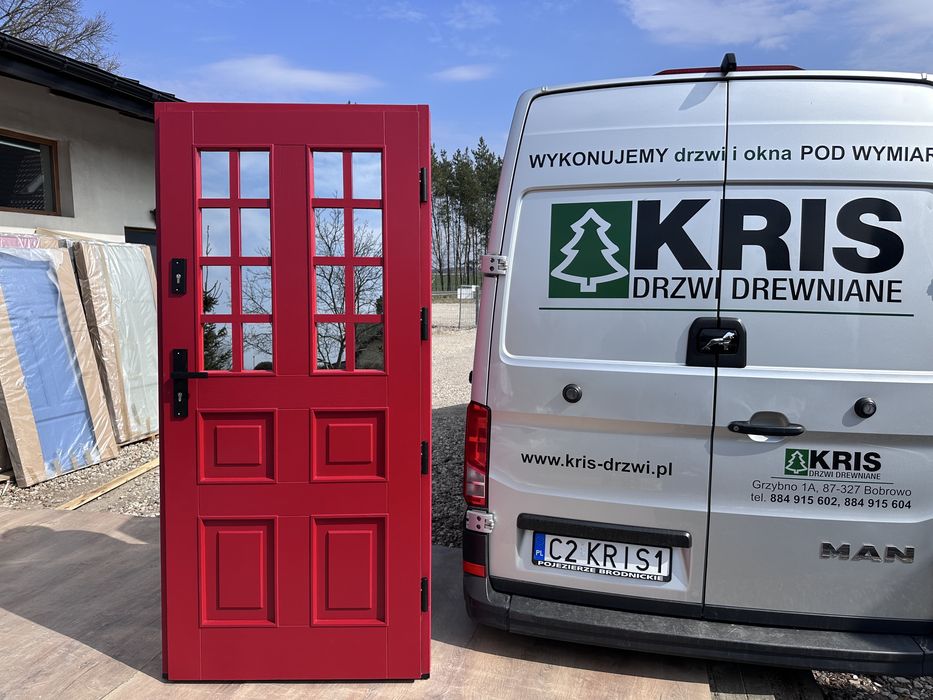 Drzwi zewnętrzne drewniane czerwone CZYSTE POWIETRZE ANGIELSKIE