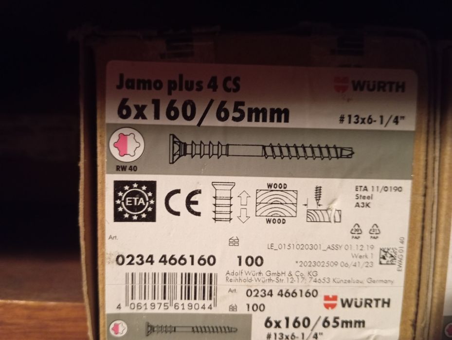 Wkręty ciesielskie firmy Wurth 6×160/65mm