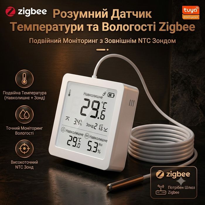 Zigbee датчик температури та вологості з NTC зондом