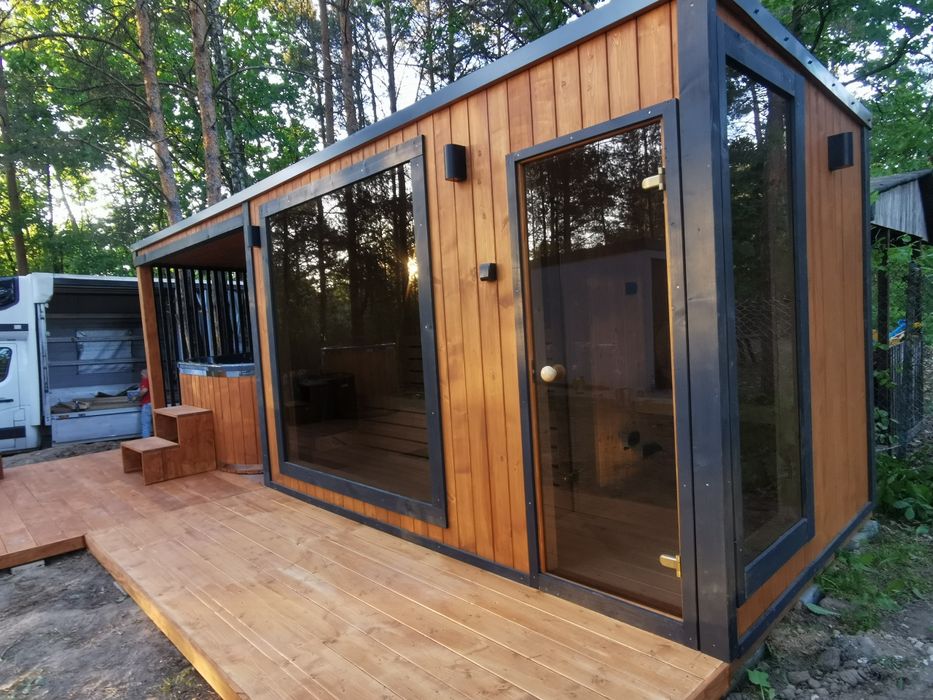 Sauna Ogrodowa Premium z tarasem,wiatą  6,5x2m Piec Sterownik Hit