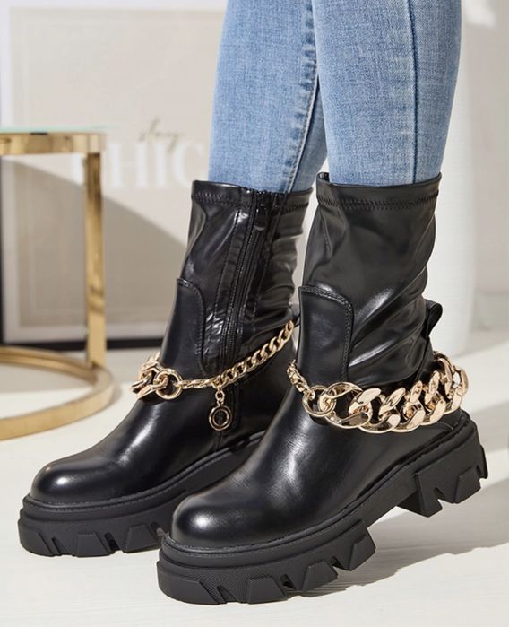 Buty botki damskie z łańcuchem czarne 38 39 nowe