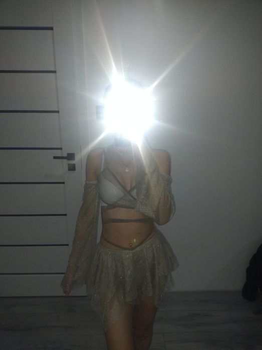 Błyszczący siateczkowy prześwitujący komplet krótka spódniczka wiązany