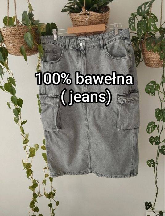 Spódnica jeansowa midi długa, z kieszeniami, cargo, szara, bawełniana r.42/44 Primark