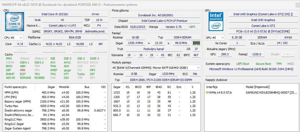 Laptop Toshiba Dynabook X40-G Intel Core i5-10210U 16 GB/256 GB Dotyk