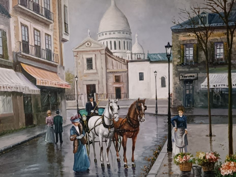 Par de pinturas a óleo sobre tela – ruas parisienses,  Belle Époque