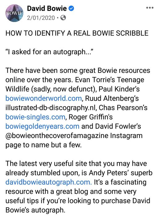 David Bowie Hours Autógrafo