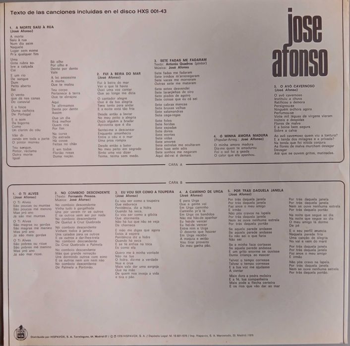 José Afonso	- - - - -		Eu Vou Ser Como a Toupeira	- - - - -	LP