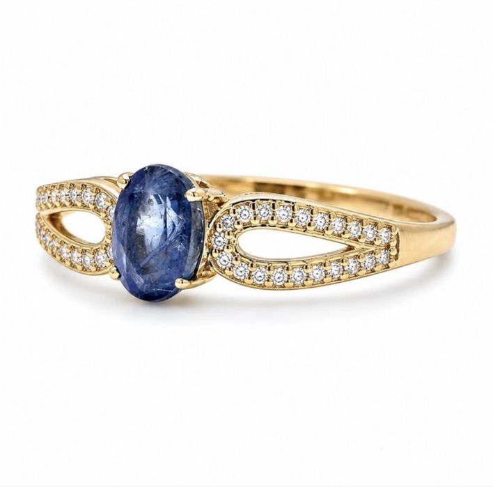 Anel de ouro 14k com 42 diamantes naturais e safira natural