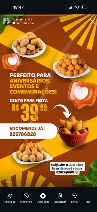 100 salgados fritos, 39,99. Contém coxinha, bolinha de queijo, pizza.