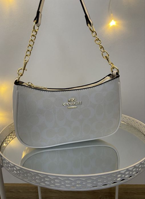 Torebka Coach na Ramię Baguette Bag Monogram Łańcuszek Nowa Biała