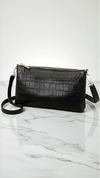 Czarna mała skórzana torebka listonoszka skóra naturalna wizytowa