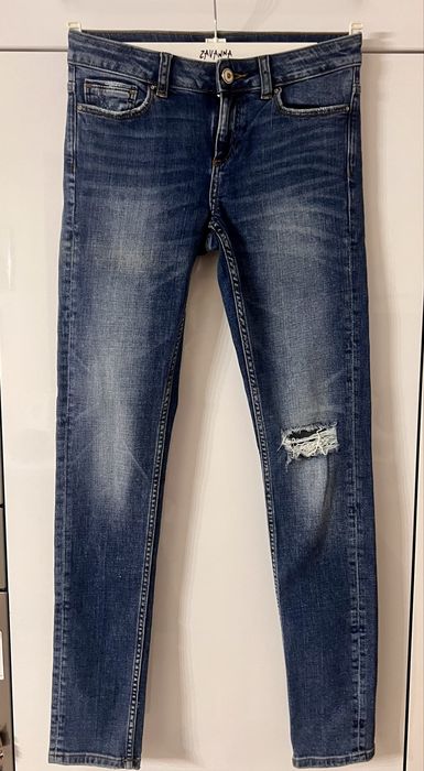 Jeansy Zara 36 slim fit niski stan granatowe