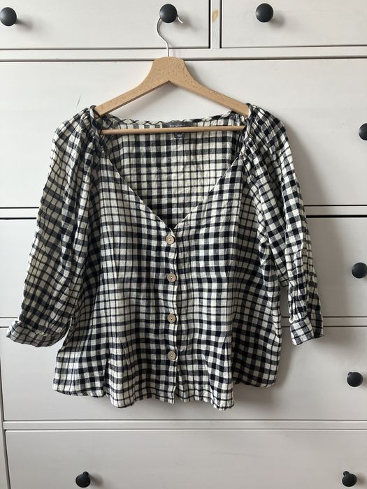 Primark Bluzka w krateczkę z pięknymi guzikami rękaw 3/4 roz 44 Kremow