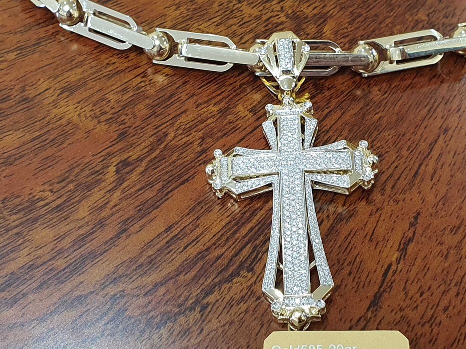 Złoty Łańcuch-87,5gr +KRZYŻ Z DIAMENTAMI-288 szt.-1,95 ct.- próba 585.