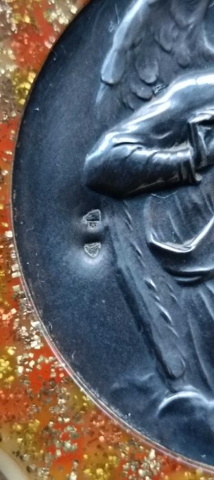 Antigo medalhão pendente de berço prata baquelite Anjo da Guarda